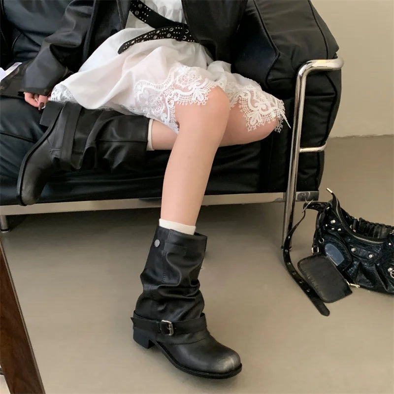 Black Boots Round Toe Chunky Heels Fall Shoes Belt Buckle Cowboy Boots